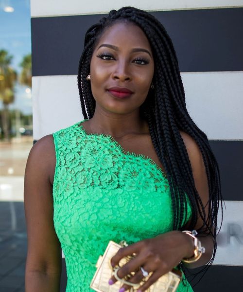BOX BRAIDS HAIRSTYLE FOR ONE SHOULDER DRESS