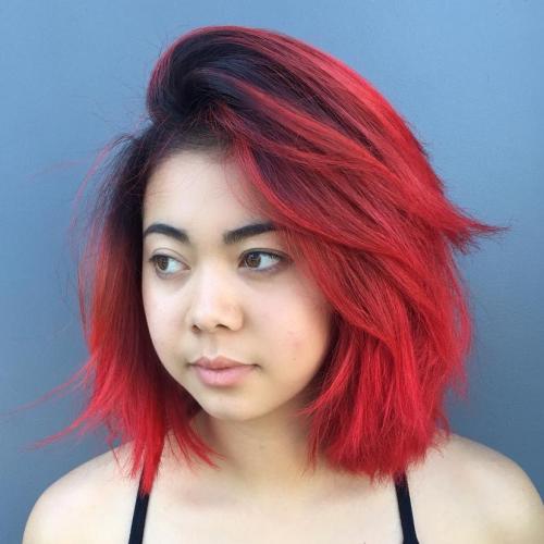 CHOPPY RED BOB WITH BLACK ROOTS