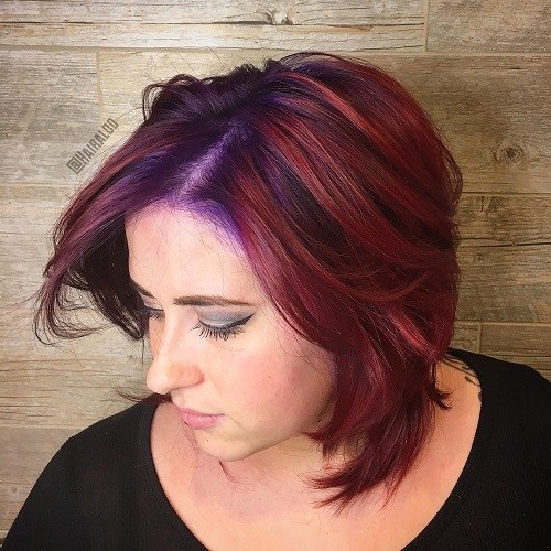 Medium layered burgundy hairstyle for chubby faces