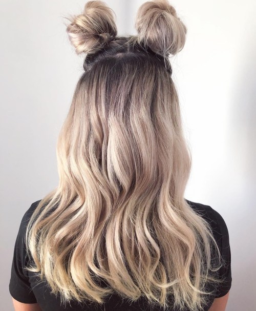two space buns on silver hairbow