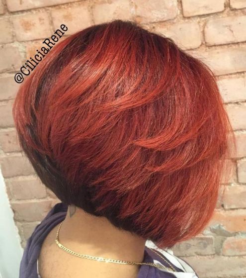 Angled black and red bob with layers