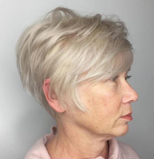 Ash blonde layered pixie for older women