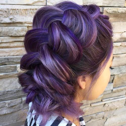 BROWN BRAIDED UPDO WITH VIOLET HIGHLIGHTS
