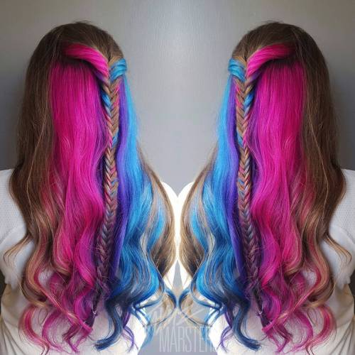 BROWN HAIR WITH PINK AND TEAL SECTIONS