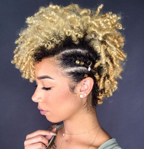 Black and blonde curly natural fauxhawk