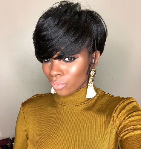 Black layered pixie with bangs
