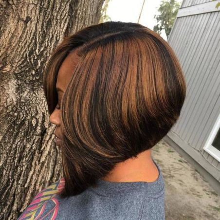 Black side parted angled bob with highlights