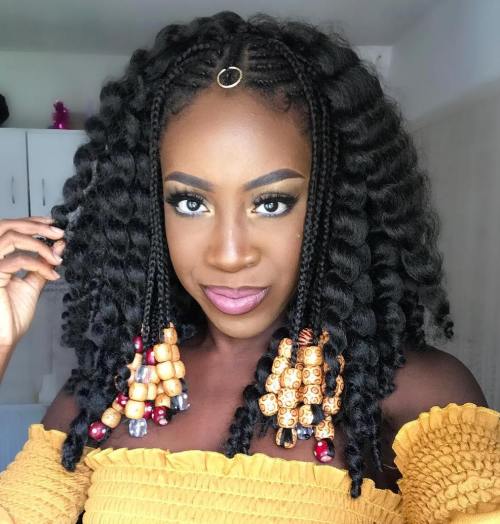 Curly lob with face framing fulani braids