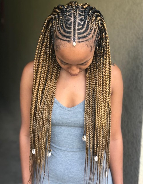 Geometric fulani braids with golden bronde extensions