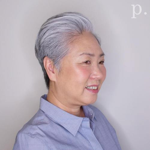Gray tapered pixie with pompadour bangs