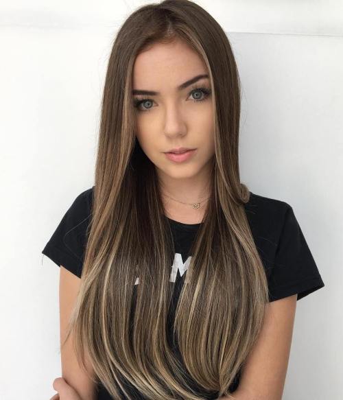 Long sleek brown hairstyle with thin subtle highlights