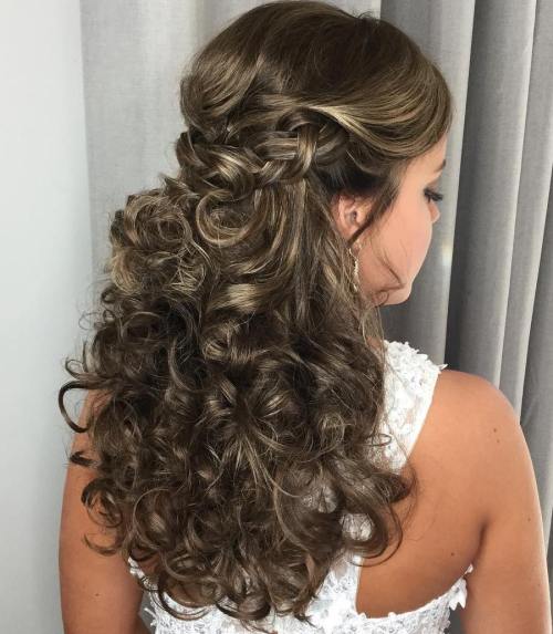long curly half updo with a braid