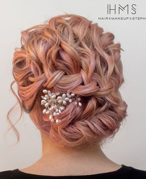 pastel pink braided curly updo