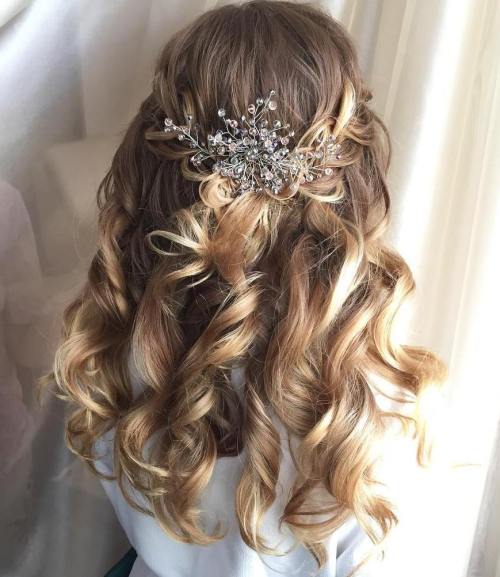 simple curly half updo for wedding