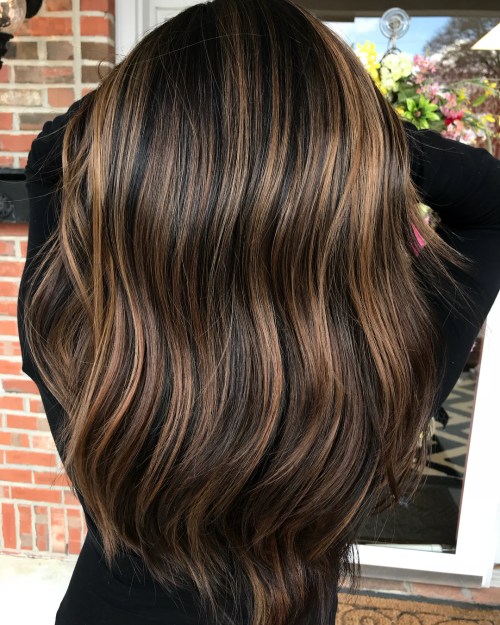 Black hair with bronze and chocolate highlights