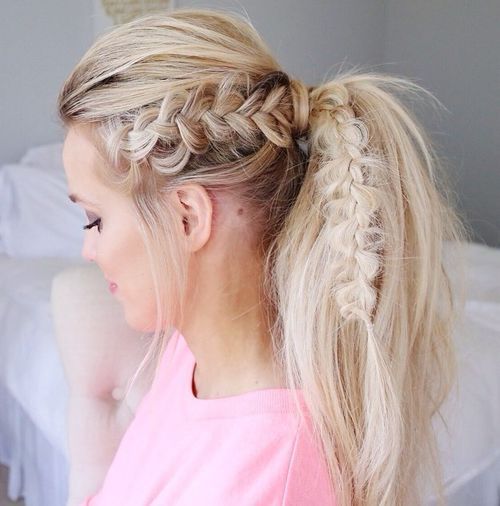 Blonde tousled ponytail with a bouffant and braid
