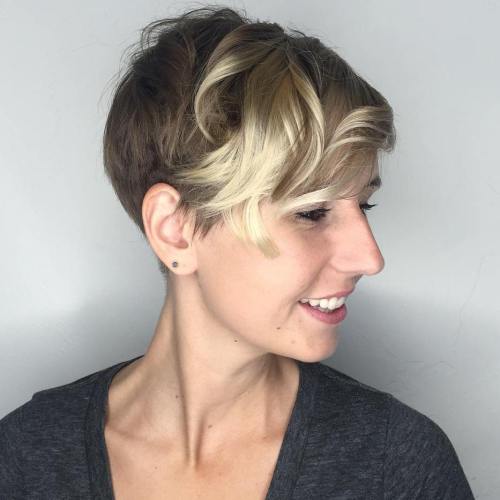 Brown pixie with highlights in the bangs