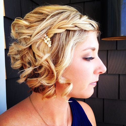 Curly blonde bob with a braid for prom