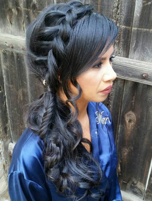 Curly side ponytail with headband braid