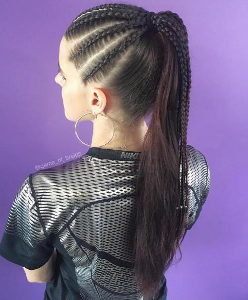 High long brunette ponytail with cornrows