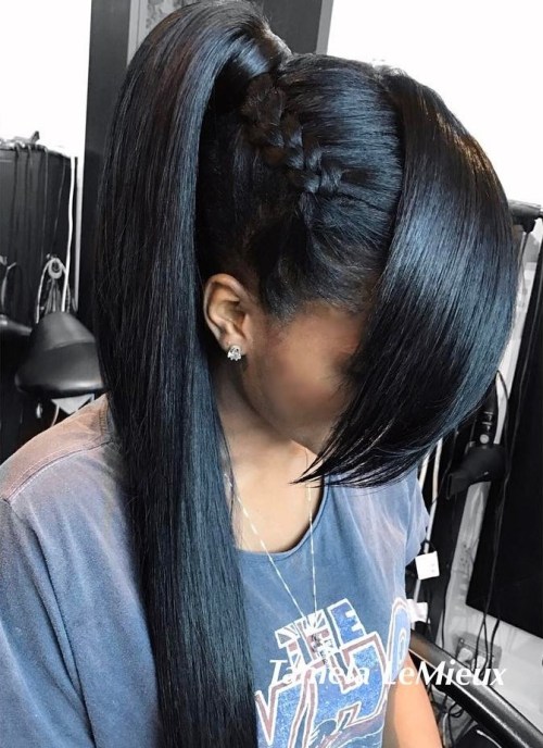 Long black ponytail with side braid