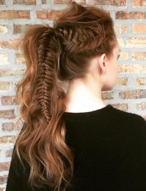Messy wavy long ponytail with fishtail