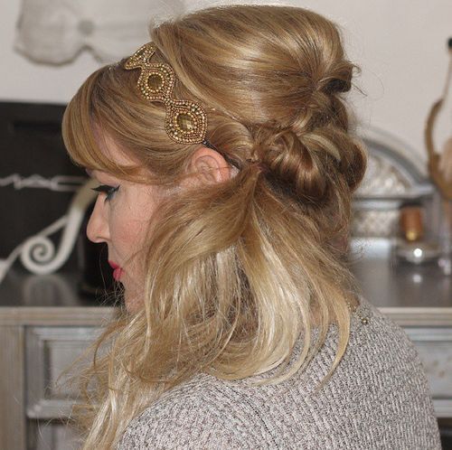 Side hairstyle with bouffant bangs and headband