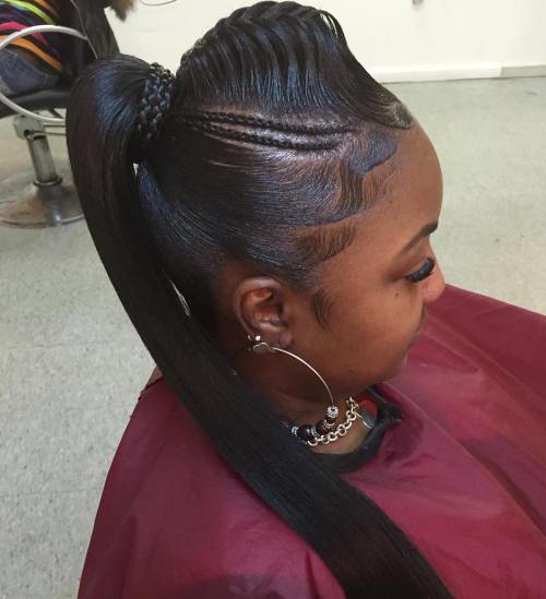 Sleek black ponytail with braids
