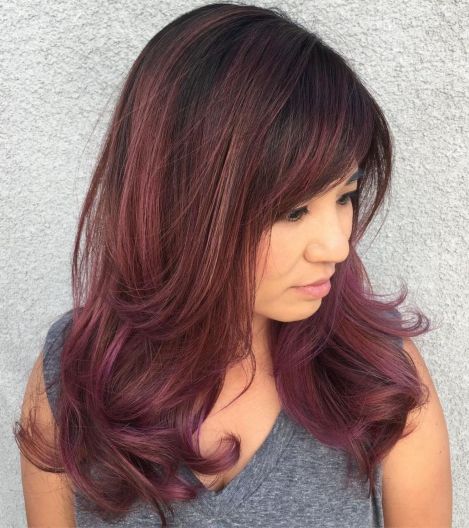 Burgundy hairstyle with bangs