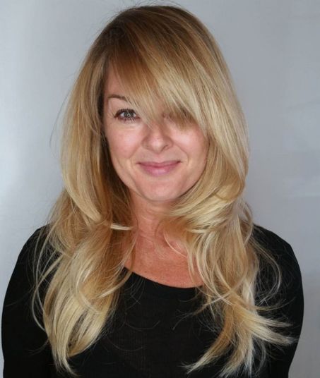 Layered blonde hairstyle with bangs