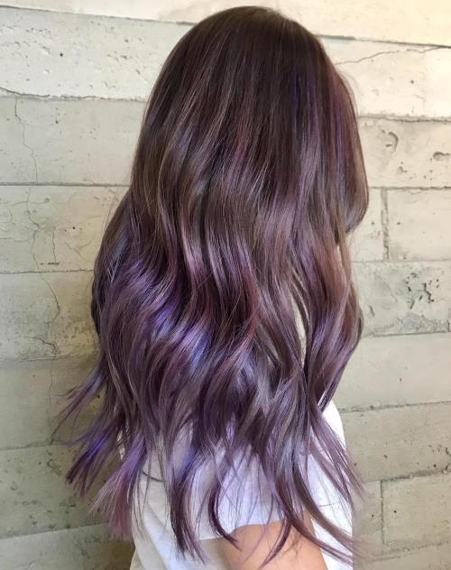 Long brown hair with subtle purple balayage
