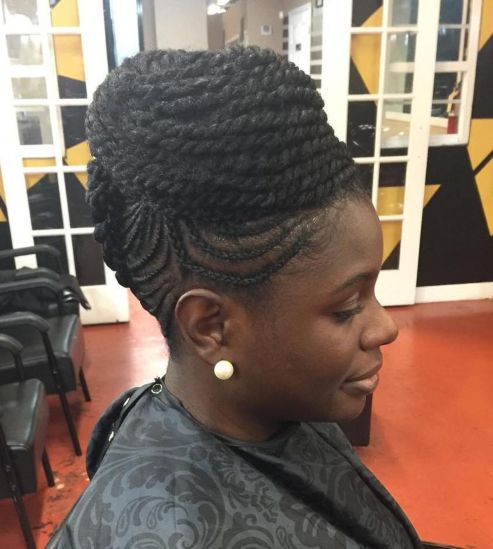 Black updo with cornrows and twists