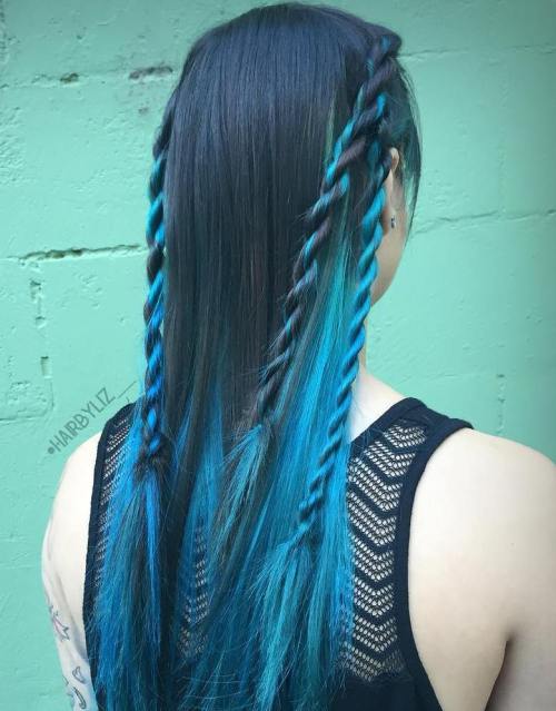 BLACK HAIR WITH TEAL HIGHLIGHTS