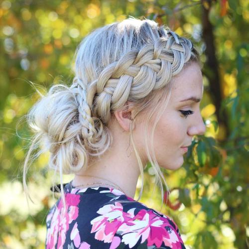 LOW MESSY BUN AND FOUR STRAND SIDE BRAID