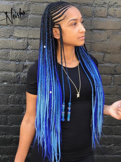 Fulani braids with bright blue extensions