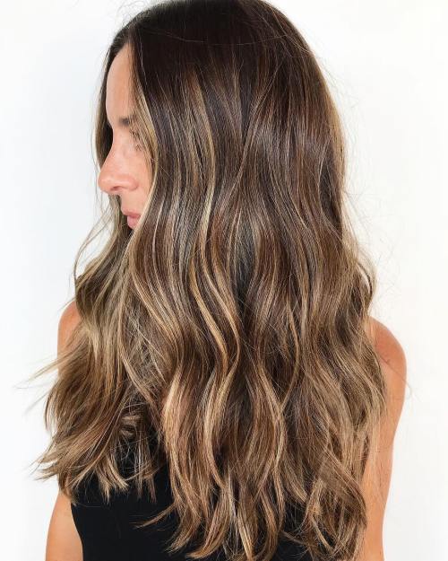Long brown hair with caramel blonde highlights
