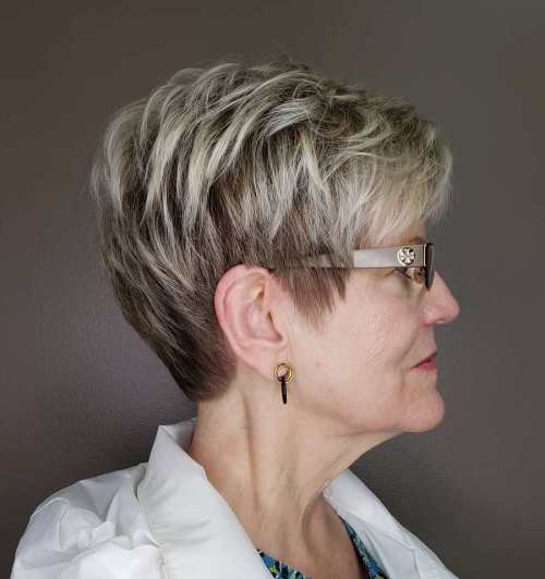 Short piecey highlighted pixie over 50