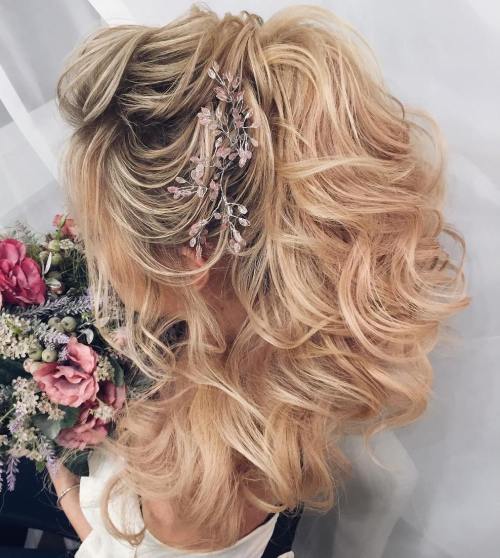 half up curly ponytail for wedding
