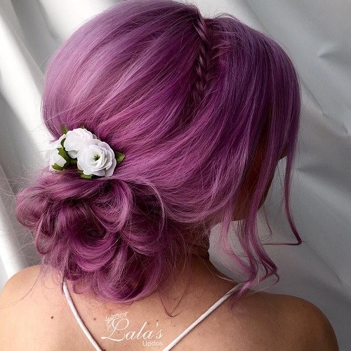 Curly bun pastel purple updo