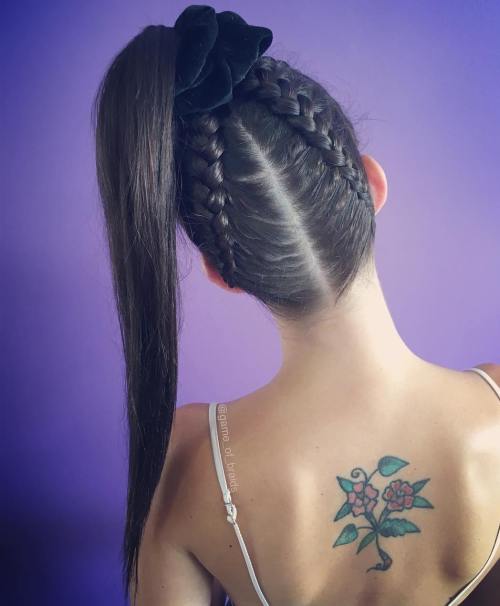 High ponytail with upside down braids
