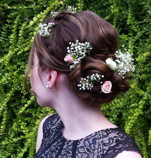 Simple updo with hair flowers