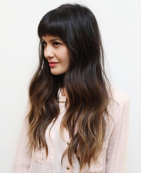 Long brown ombre hair with arched bangs