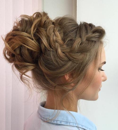 Curly messy bun with a braid