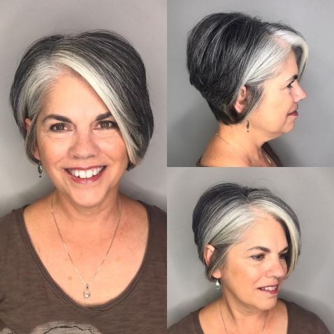Long pixie with gray highlights