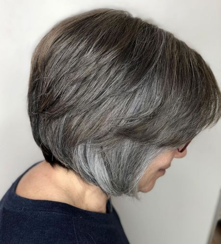 Short gray hair cut with brown lowlights
