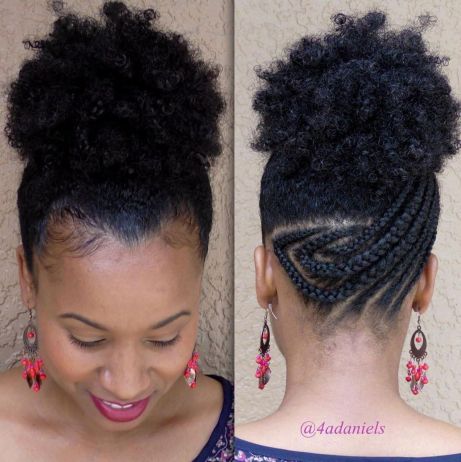Afro puff with asymmetrical braids